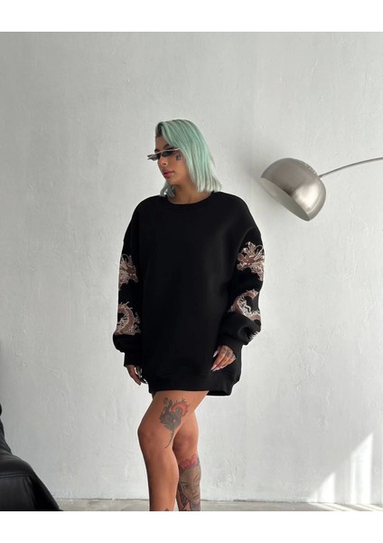 Bisiklet Yaka Baskılı Sweatshirt - Siyah