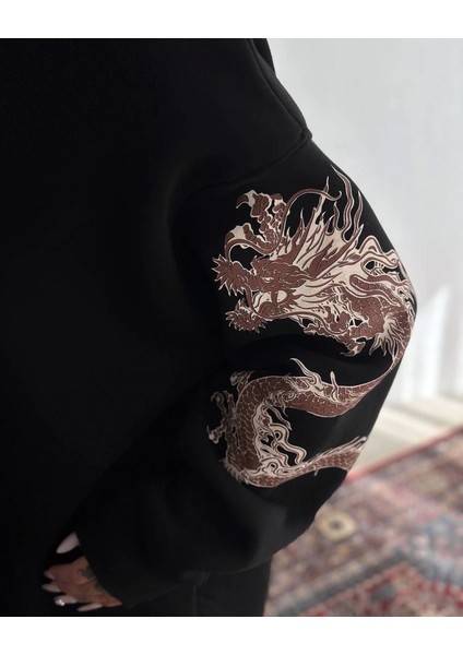 Bisiklet Yaka Baskılı Sweatshirt - Siyah