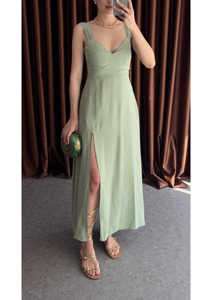 Yırtmaçlı Çağla Yeşili Uzun Elbise modelleri
