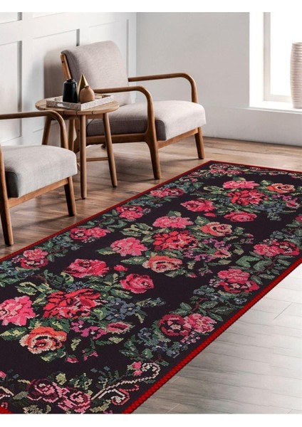 Siyah Çiçek Desenli Halı, Dokuma Taban Dekoratif Şönil