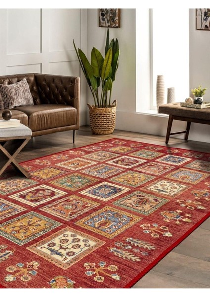 Kırmızı Mozaik Desenli Halı, Dokuma Taban Dekoratif Şönil KS-DKM-109