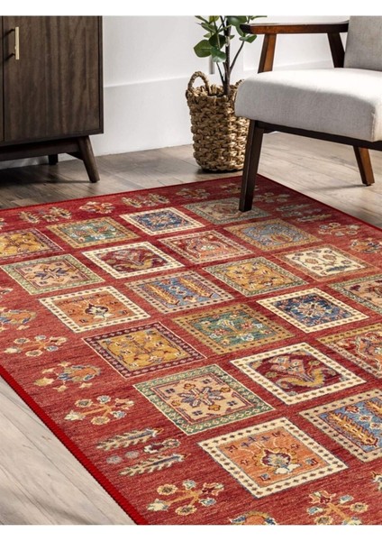 Kırmızı Mozaik Desenli Halı, Dokuma Taban Dekoratif Şönil KS-DKM-109