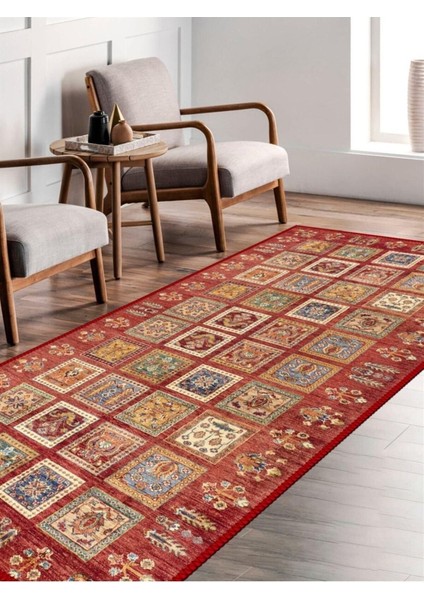 Kırmızı Mozaik Desenli Halı, Dokuma Taban Dekoratif Şönil KS-DKM-109