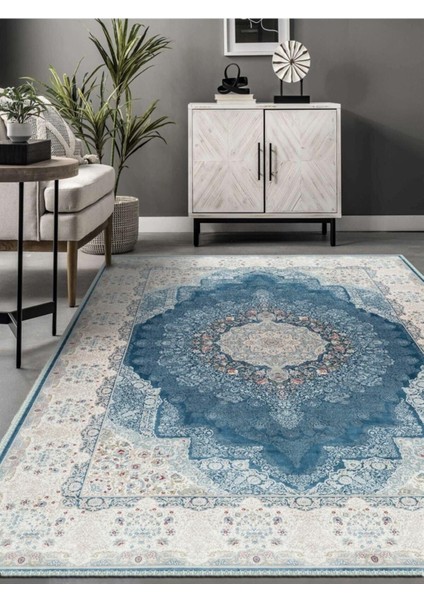 Turkuaz Mavi Desenli Halı, Dokuma Taban Dekoratif Şönil KS-DKM-104