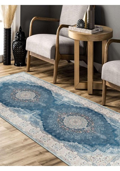 Turkuaz Mavi Desenli Halı, Dokuma Taban Dekoratif Şönil KS-DKM-104