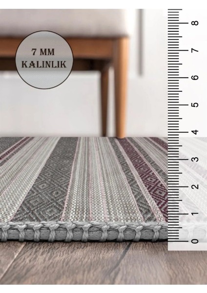 Gri Bordo Ekru Çizgili Halı, Dokuma Taban Dekoratif Şönil Ks-Dkm-4