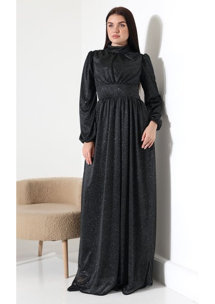 Siyah Gümüş Simli Balıkçı Yaka Büzgülü Uzun Abiye Nikah Elbise Tasarım Hediye Büyük Beden Tesettür