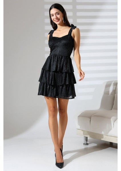 Simli Siyah Askılı Balenli Büzgülü Fırfırlı Mini Abiye Nikah Elbise Hediye Büyük Beden fiyatları