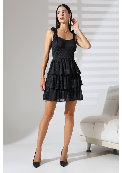 Simli Siyah Askılı Balenli Büzgülü Fırfırlı Mini Abiye Nikah Elbise Hediye Büyük Beden modelleri