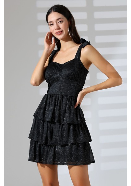 Simli Siyah Askılı Balenli Büzgülü Fırfırlı Mini Abiye Nikah Elbise Hediye Büyük Beden fırsatları