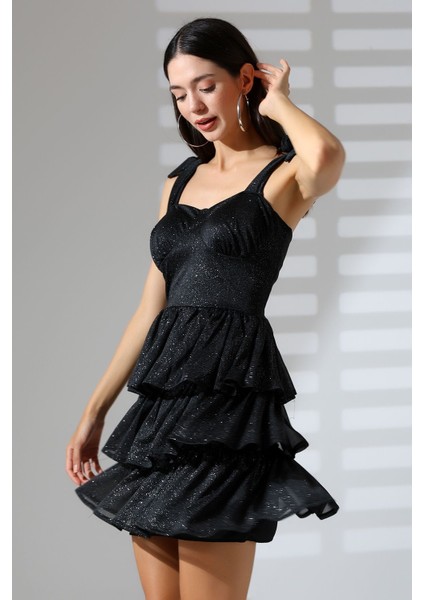 Simli Siyah Askılı Balenli Büzgülü Fırfırlı Mini Abiye Nikah Elbise Hediye Büyük Beden indirimleri