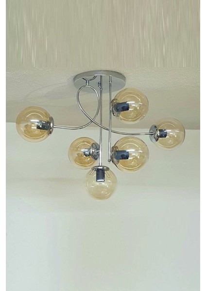 Jade Özel Salon - Mutfak - Yatak Odası Tasarım Modern Bal Camlı Krom 6'lı Avize