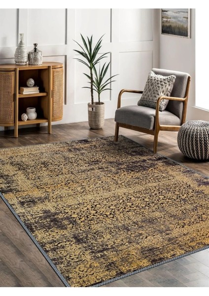 Sarı Siyah Eskitme Halı, Dokuma Taban Dekoratif Şönil Kilim Ks-Dkm-62