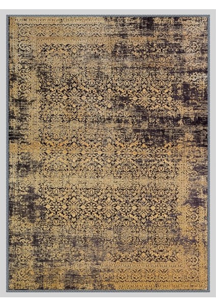 Sarı Siyah Eskitme Halı, Dokuma Taban Dekoratif Şönil Kilim Ks-Dkm-62