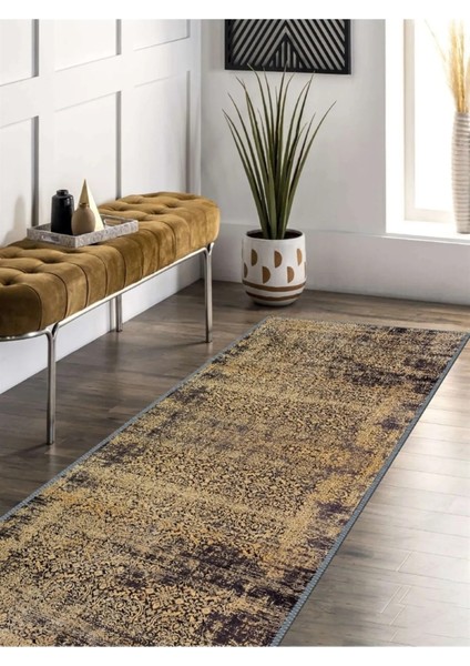 Sarı Siyah Eskitme Halı, Dokuma Taban Dekoratif Şönil Kilim Ks-Dkm-62