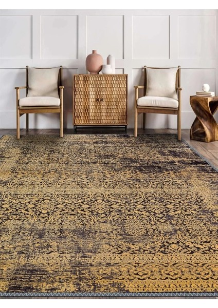 Sarı Siyah Eskitme Halı, Dokuma Taban Dekoratif Şönil Kilim Ks-Dkm-62