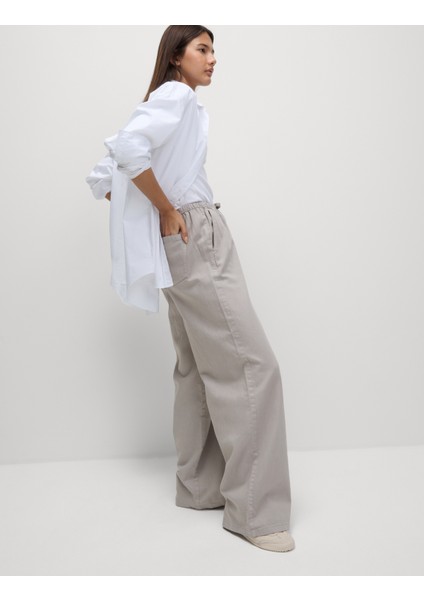 Denim Büzgülü Wide Leg Pantolon