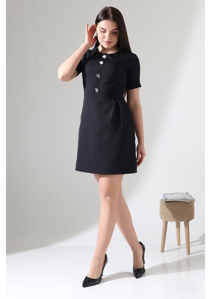 Siyah Kısa Kol Pileli Düğme Detaylı Mini Elbise Tasarım Hediye Büyük Beden