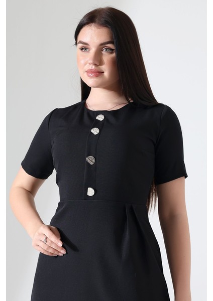 Siyah Kısa Kol Pileli Düğme Detaylı Mini Elbise Tasarım Hediye Büyük Beden fiyatları