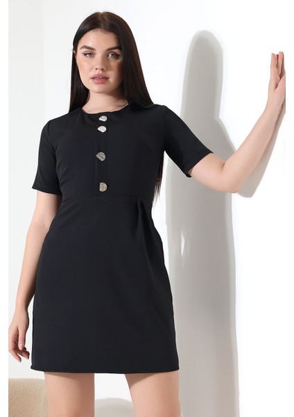 Siyah Kısa Kol Pileli Düğme Detaylı Mini Elbise Tasarım Hediye Büyük Beden fırsatları