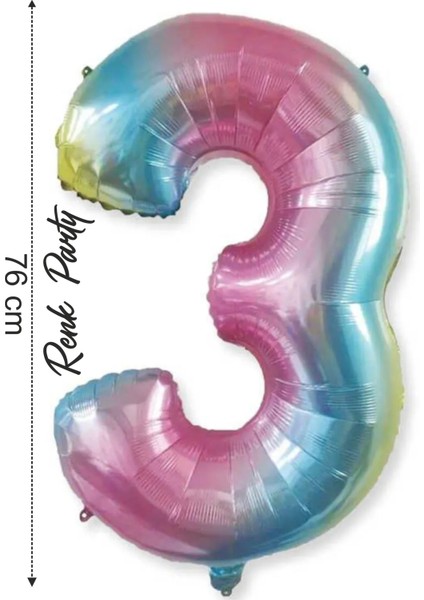 Folyo Balon 3 Rakamı Helyum Balon 76 cm Gökkuşağı Renk - 3 Yaş Balonu - 3 Rakam Balon - 34 Inch
