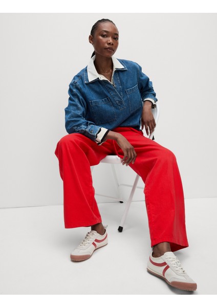 Denim Büzgülü Wide Leg Pantolon