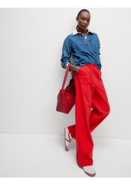 Denim Büzgülü Wide Leg Pantolon modelleri