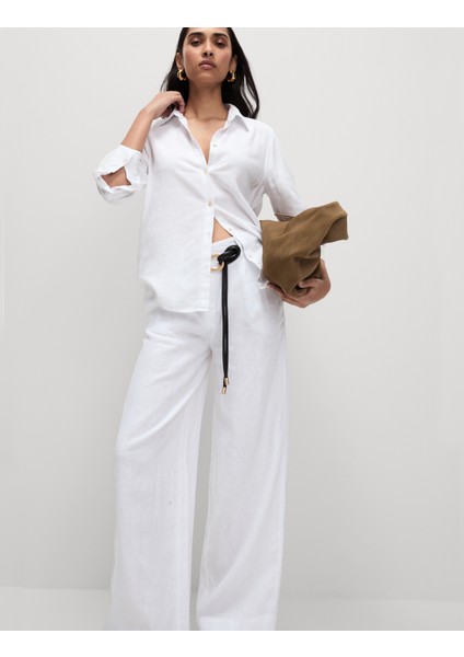 Saf Keten Wide Leg Pantolon