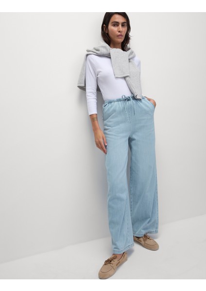 Denim Büzgülü Wide Leg Pantolon
