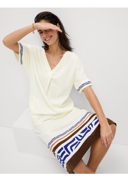 Keten Karışımlı Desenli V Yaka Elbise