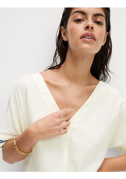 Keten Karışımlı Desenli V Yaka Elbise fiyatları