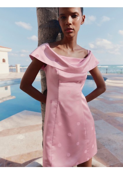 Saten Puantiyeli Bardot Mini Elbise