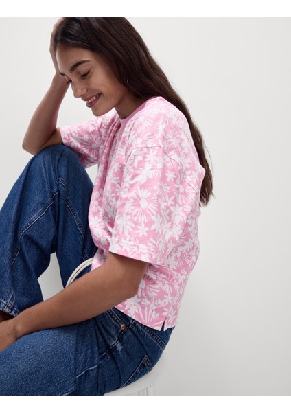 Pamuklu Kısa Kollu Çiçek Desenli T-Shirt modelleri