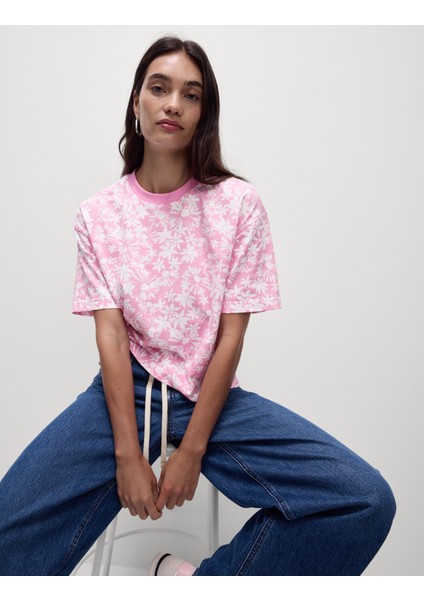 Pamuklu Kısa Kollu Çiçek Desenli T-Shirt fırsatları
