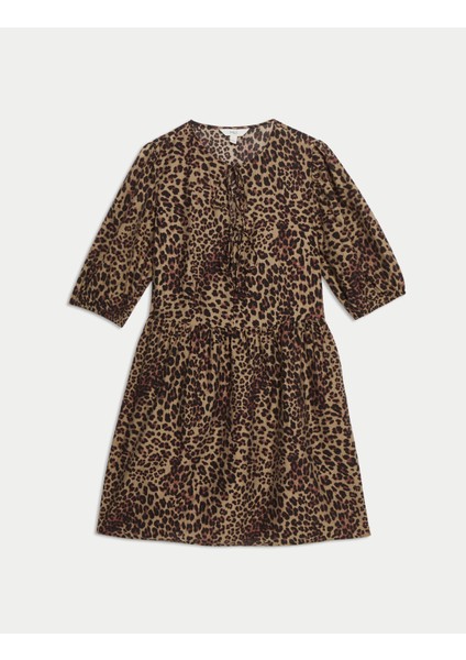 Leopar Desenli Mini Elbise