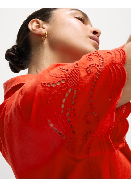 Saf Pamuklu Broderie Yaka Düğmeli Plaj Gömleği modelleri