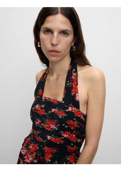 Çiçek Desenli Halter Yaka Katmanlı Maxi Elbise fırsatları