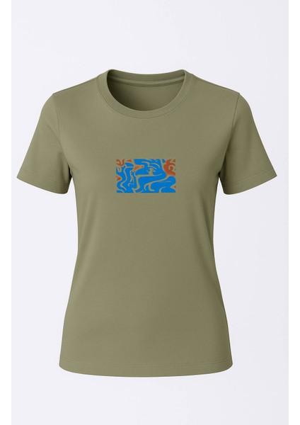 Mavi-Kırmızı Kova Baskı Mint Yeşili Kadın T-Shirt Model 4
