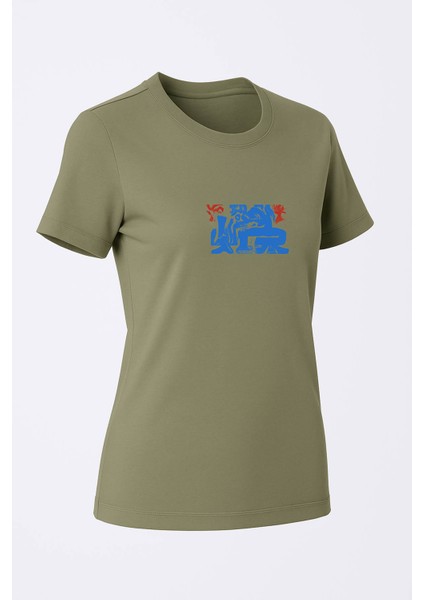Mavi-Kırmızı Kova Baskı Mint Yeşili Kadın T-Shirt Model 4 modelleri