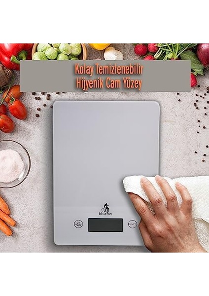 Dijital Mutfak Terazisi - 10KG Kapasite, Cam Yüzey, Dara Fonksiyonu, LCD Ekran ve Otomatik Kapanma Özelliği