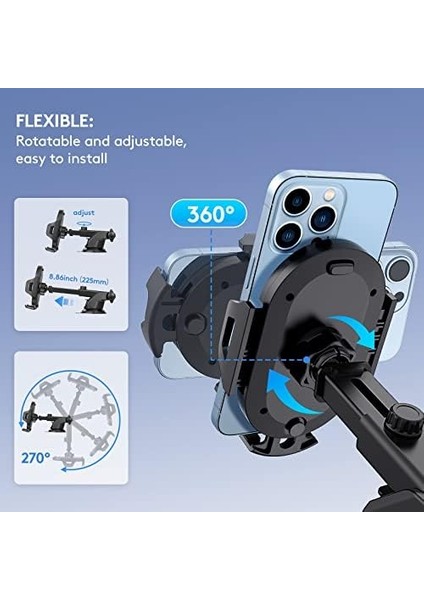 Araç Telefonu Tutucu Tutucu, [güçlü Vantuz] [askeri Sınıf Dayanıklı] Ön Cam ve Gösterge Paneli Için, Ayarlanabilir Uzun Kol iPhone 15 14 Pro Max ve Tüm Akıllı Telefonlarla Uyumlu, Siyah