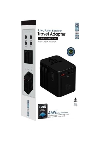 45W Şarj Cihazı ve 2x USB ve 3x Type-C Girişli Universal Seyahat Adaptörü, Priz Dönüştürücü 200'DEN Fazla Ülke ile Uyumlu, Abd, Ingiltere, Aus, Ab