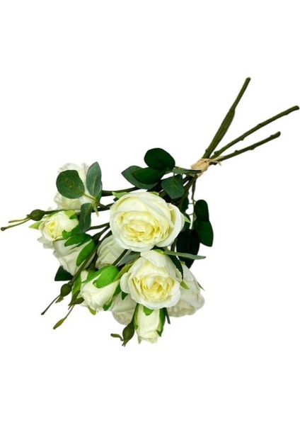 Yapay Çiçek Beyaz Gül 8 Gül 4 Tomurcuklu Lüx Demet Gelin Çiçeği Buketi Masa Üstü Vazo Çiçeği 47CM fırsatları