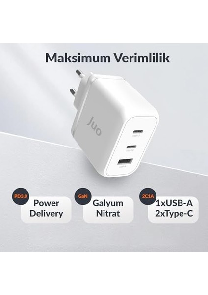 65W Usb-C + Usb-A 3 Portlu Gan Şarj Aleti iPhone & Macbook & Notebook Type-C Hızlı Şarj Cihazı