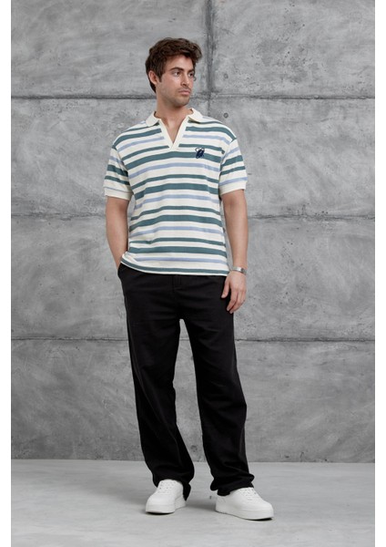 Yeşil Çizgili Örme Kumaş Yakalı Oversize Tshirt