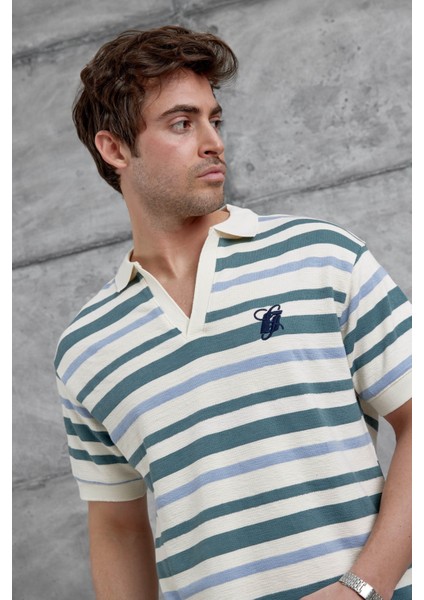 Yeşil Çizgili Örme Kumaş Yakalı Oversize Tshirt fiyatları