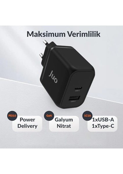 45W Gan Usb-C + Usb-A Şarj Aleti iPhone & iPad & Macbook & Samsung Uyumlu Pd Type-C Hızlı Şarj Cihazı Siyah