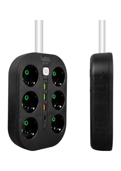 Akım Korumalı Priz, 1.5 Metre Kablo, 3 x Usb, 1 x Type-C Pd Girişli, Grup Priz, 10AH Anahtarlı Priz, 2500W Güç, Usbli,telefon Sarjlı, Anahtarlı, Topraklı,