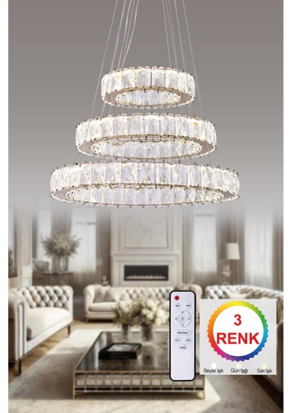 Ledli Kristal Taşlı Kumandalı Krom 3 Farklı Işık Rengi Ofis Iş Yeri Yatak Odası Salon Çocuk Odası