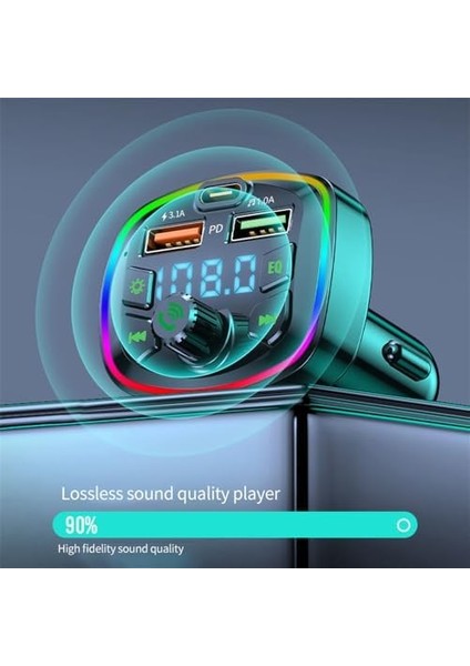 Minuto Q7 NR74 Rgb Renkli Fm Radyo Transmitter Mp3 Çalar Bluetooth 5.0 Çakmaklık Type-C Hızlı Şarj Aleti